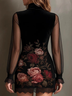 Lace Trim Floral Mesh Splicing Hip-hugging Mini&Short Dresses