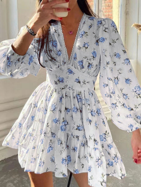 Floral Lace Deep V-neck Waist Puff Sleeve Sweet Mini&Short Dresses