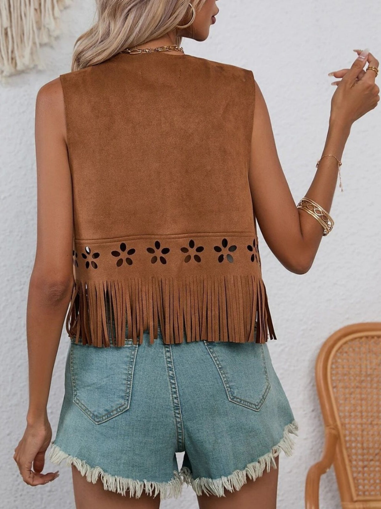 Imitation Suede Tassel Openwork Flowers Sleeveless Vests