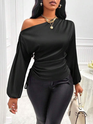 Satin Drawstring Asymmetrical Long-sleeved Slanted Neck T-shirt