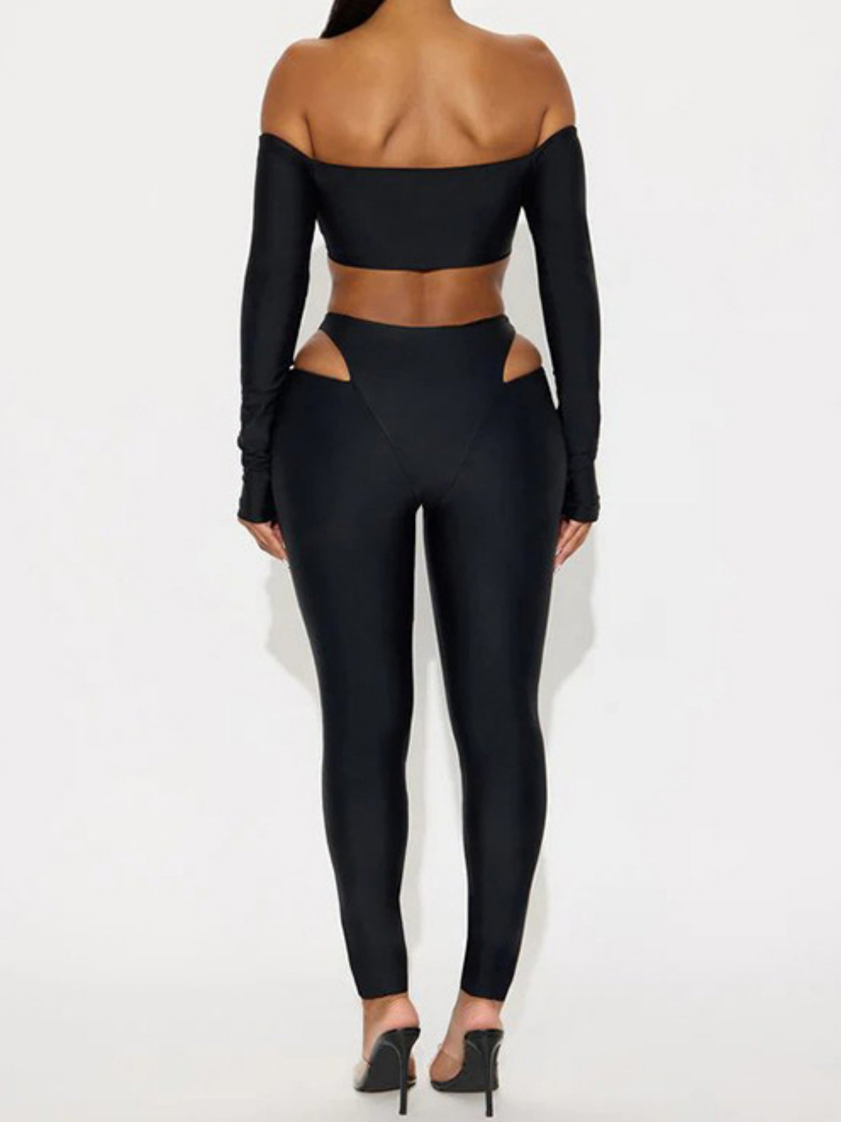 Hollow Out Off-shoulder Long-sleeved Short Top Tight Pants 2-piece Sets