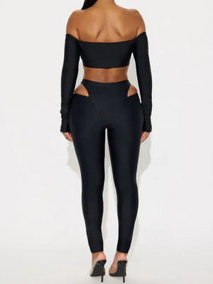 Hollow Out Off-shoulder Long-sleeved Short Top Tight Pants 2-piece Sets