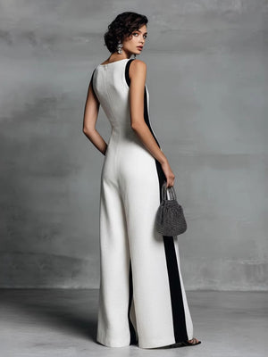 Black And White Cotton Linen Color-blocked Spaghetti Strap Jumpsuit