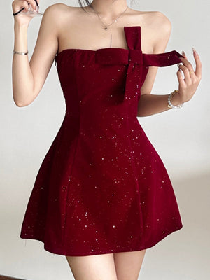 Robes courtes et mini à paillettes de Noël, dos nu, bustier, nœud et fermeture éclair