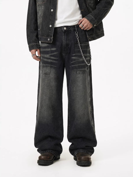 Black Cat Whiskers Sticker Bag Rhinestone-studded Distressed Wide-leg Jeans