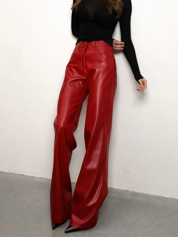 High-waisted Slim-fit Straight-leg PU Leather Pants