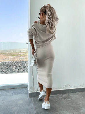 Liber Autumn women's V-neck clothing Pullover solid color long sleeve two piece dress