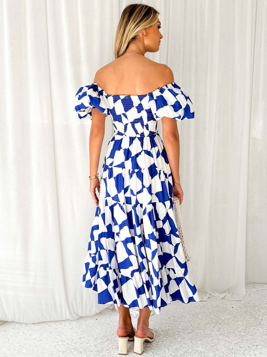 Off-the-shoulder Geometric Color-blocked Print Tulle Skirt With Puff Sleeves Long Dress