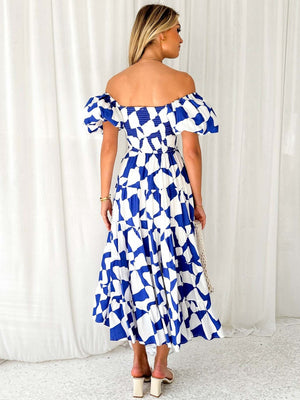 Off-the-shoulder Geometric Color-blocked Print Tulle Skirt With Puff Sleeves Long Dress