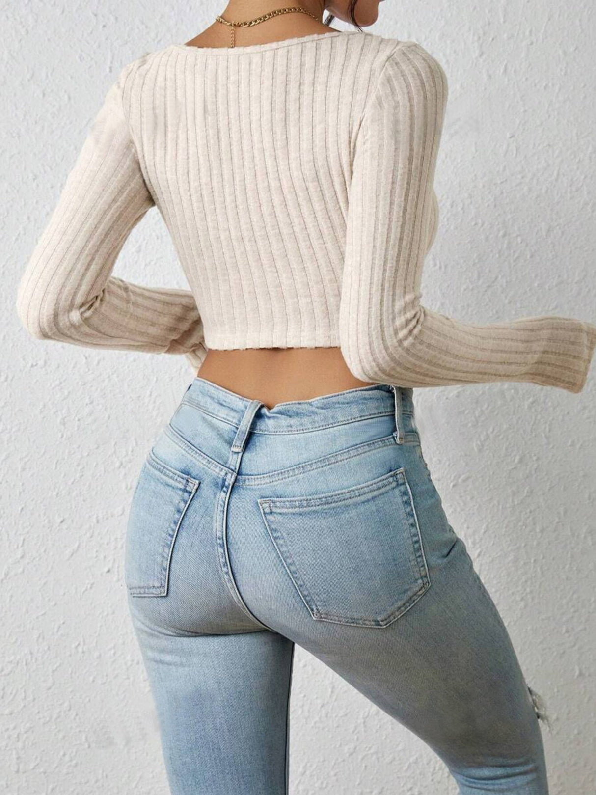 Square Neck Long-sleeved Irregular Hem T-shirt Top With Brushed Ribbed Long-sleeved Knit Sweater