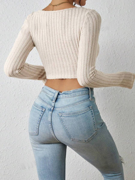 Square Neck Long-sleeved Irregular Hem T-shirt Top With Brushed Ribbed Long-sleeved Knit Sweater