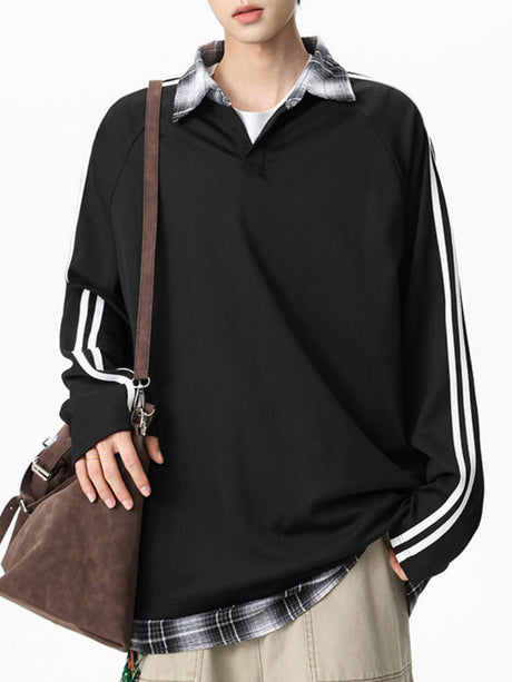 Fake Two Pieces Splicing V-neck College Style Polo