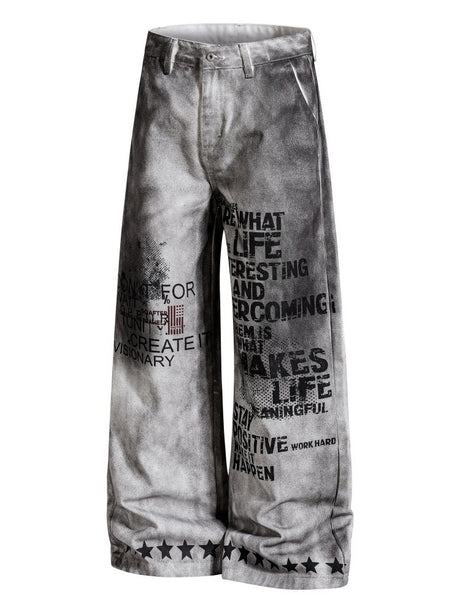 Post-apocalyptic Heavy Industry Distressed Wide-leg Punk Letter Printed Straight-fit Cargo Trousers