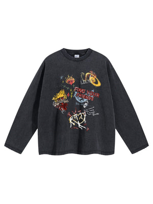 Printed Personal Interests Punk Graffiti Washing And Aging Edging Long-sleeved T-shirt