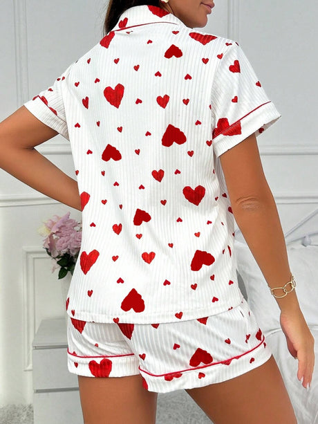 Heart-print Cardigan With Collar And Button-down Short Sleeves And Shorts, Two-piece Loungewear Set