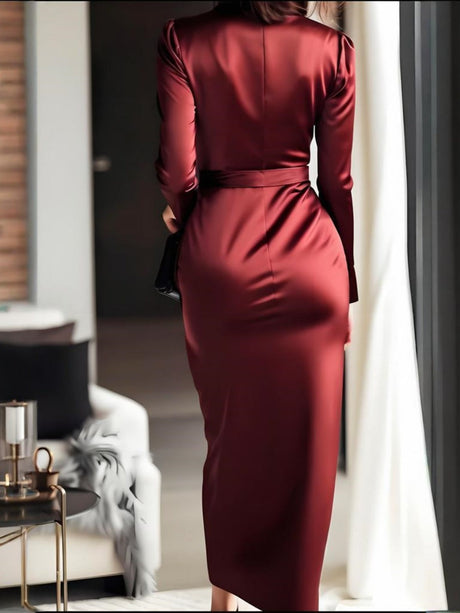 Long-sleeved V-neck Wrap Style Satin Waist Cinching With Straps Elegant And Formal Evening Wear: Midi Dress