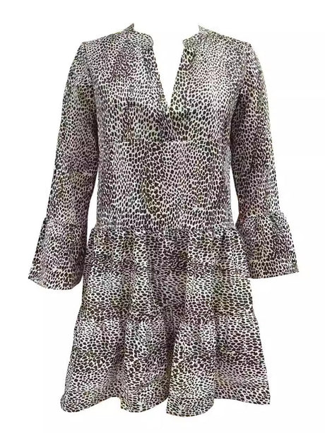 Leopard Print V-neck Long Sleeves Large Skirt Mini&Short Dresses