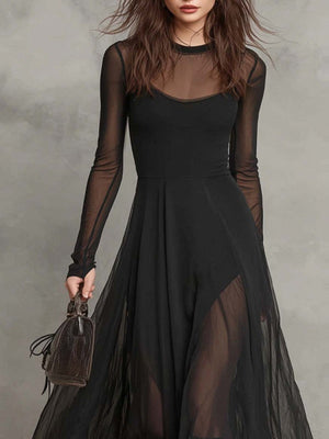 Splicing Solid Color Patchwork Long-sleeved Fishtail Maxi Dresses