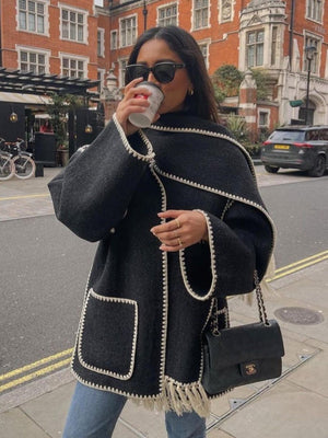 Wool Coat With Scarf And Tassels, Warm And Thick For Autumn And Winter.