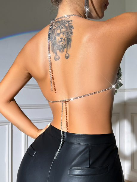 Diamond-studded Openwork Chain Splicing Halter Neck And Backless Tank Tops&Camis