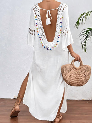 Hand-crocheted Patchwork Colorful Pom-poms Sexy Hollow-out Backless Loose Beachwear