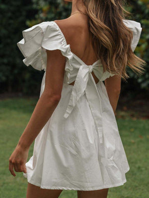 Lotus Leaf Sleeves V-neck High Waist Mini&Short Dresses