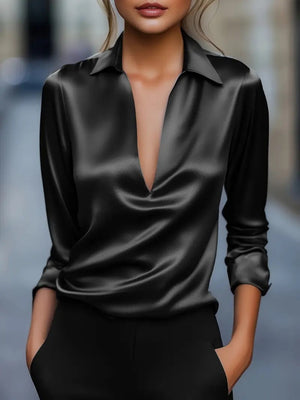Satin Deep V-neck Long Sleeves Blouse