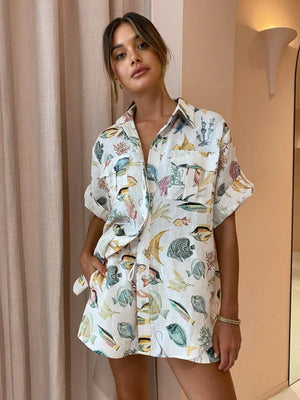 Fish Print Short-sleeved Vacation Style Casual Tie-up Two-piece Set