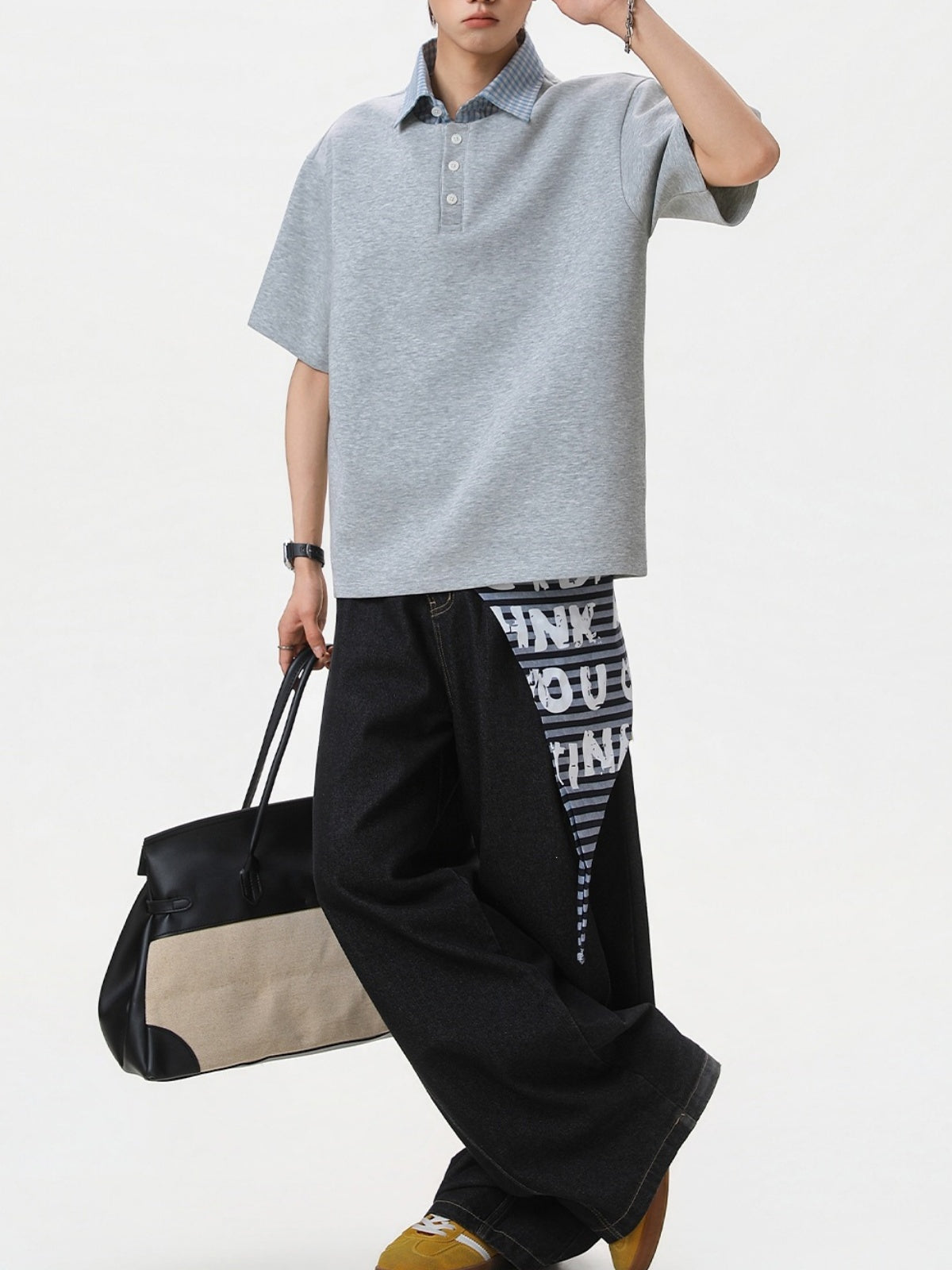 College Style Layered-look Color-blocked Plaid Polo Shirt