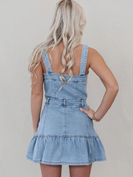 Denim Ruffle Buttons Spaghetti Strap Waist Mini&Short Dresses