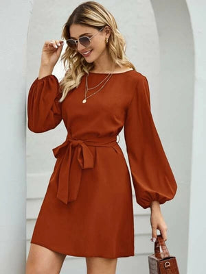 Balloon Sleeve Round Neck Tie High-waisted And Slimming Midi Dresses