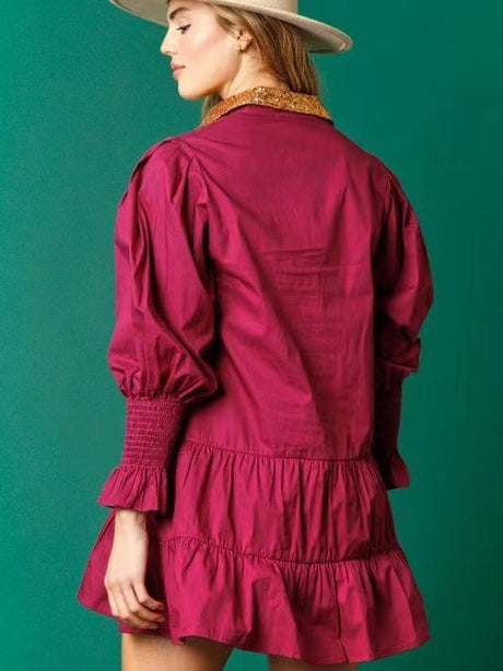 Christmas Sequined Nutcracker Soldier Contrast Color Long Sleeve Lapel Dress