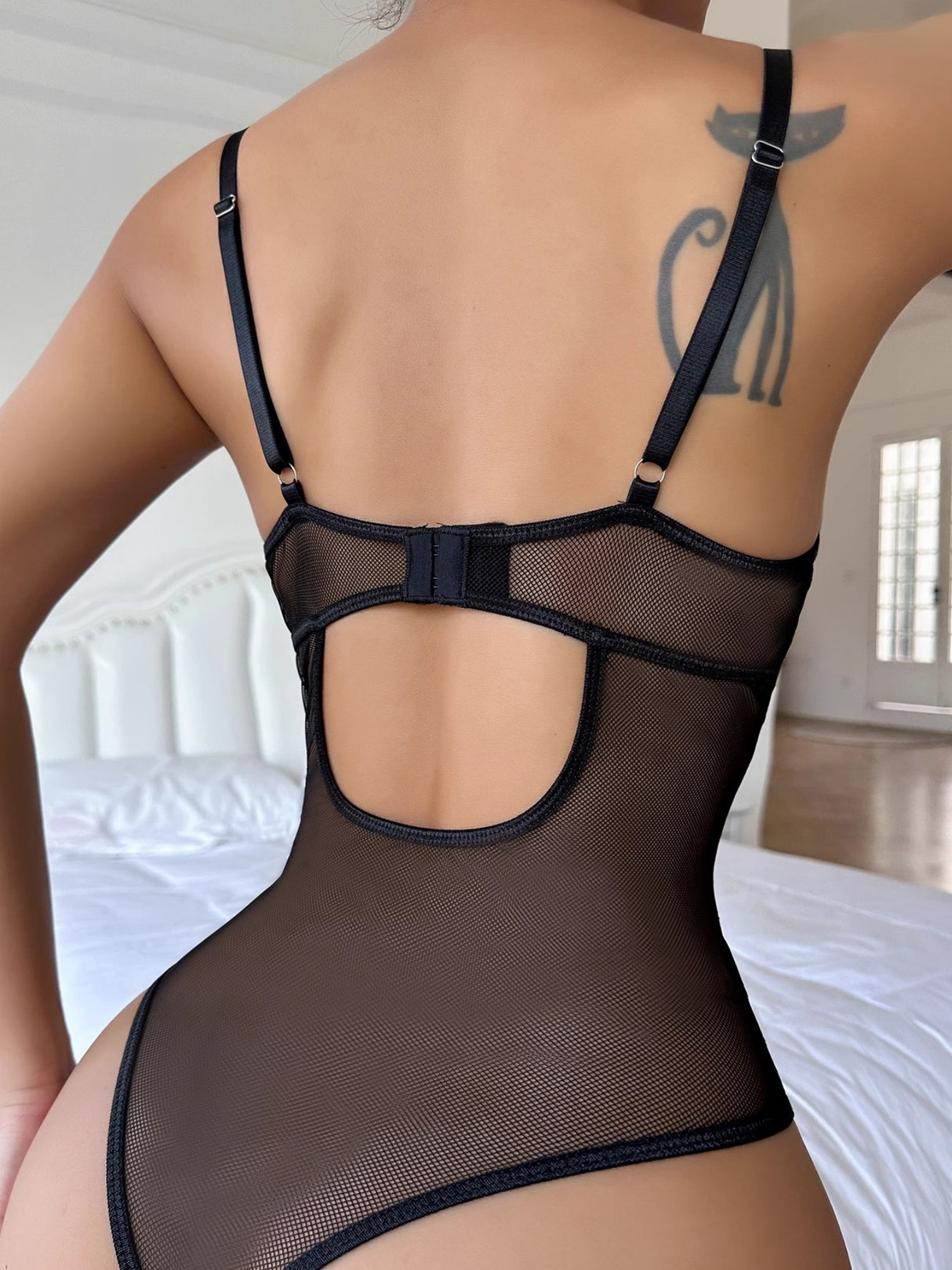 Leopard Print Mesh See-through Spaghetti Strap Backless Bodysuits