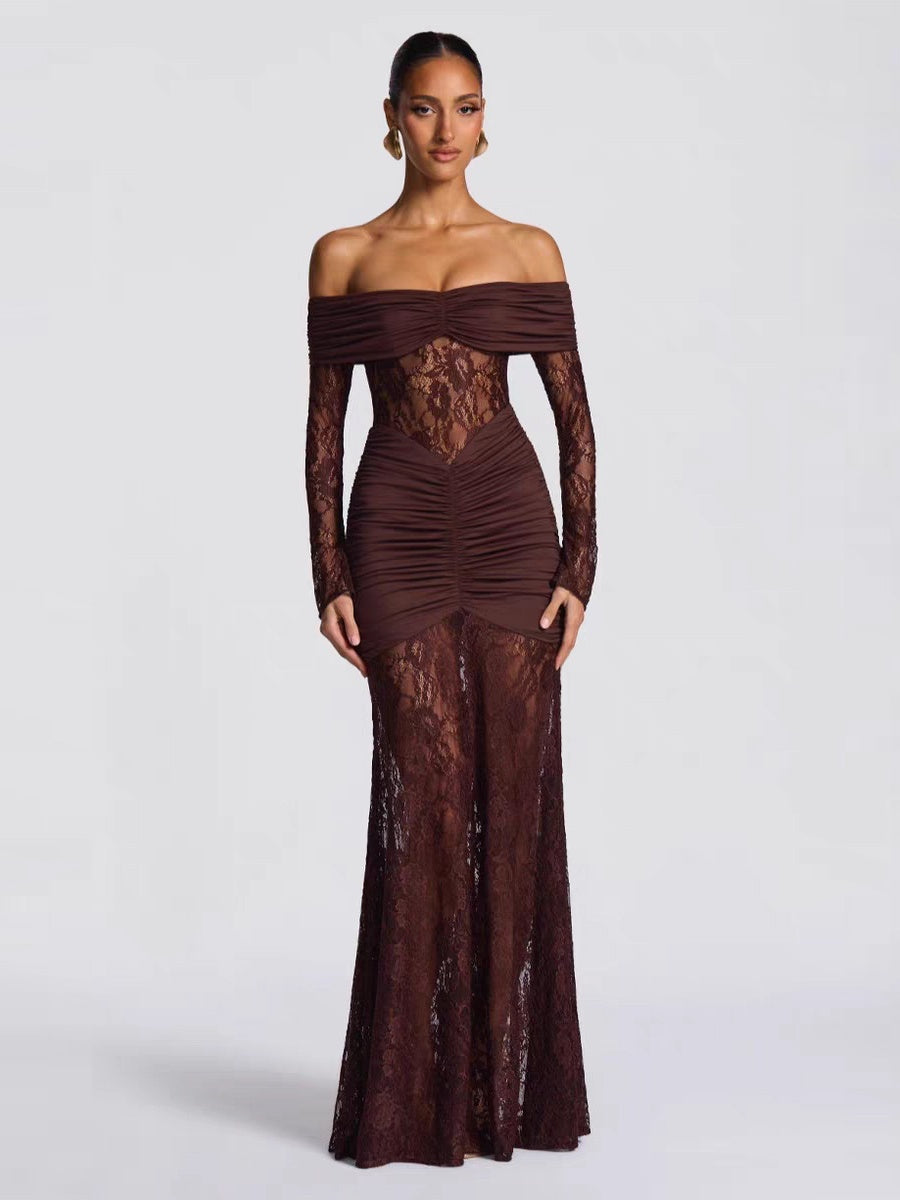 Schulterfreie, hohle Spitzeneinsätze, langärmelige, hüftbetonte Maxikleider