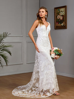 Schleppe, Hochzeitskleid, V-Ausschnitt, figurbetont, bestickt, Partykleid, Maxikleid