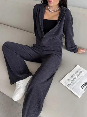 Liber Autumn women's solid color long-sleeved cardigan two-piece suit