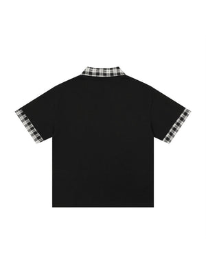 Graffiti Letter Layered-look Patchwork Plaid Polo Shirt