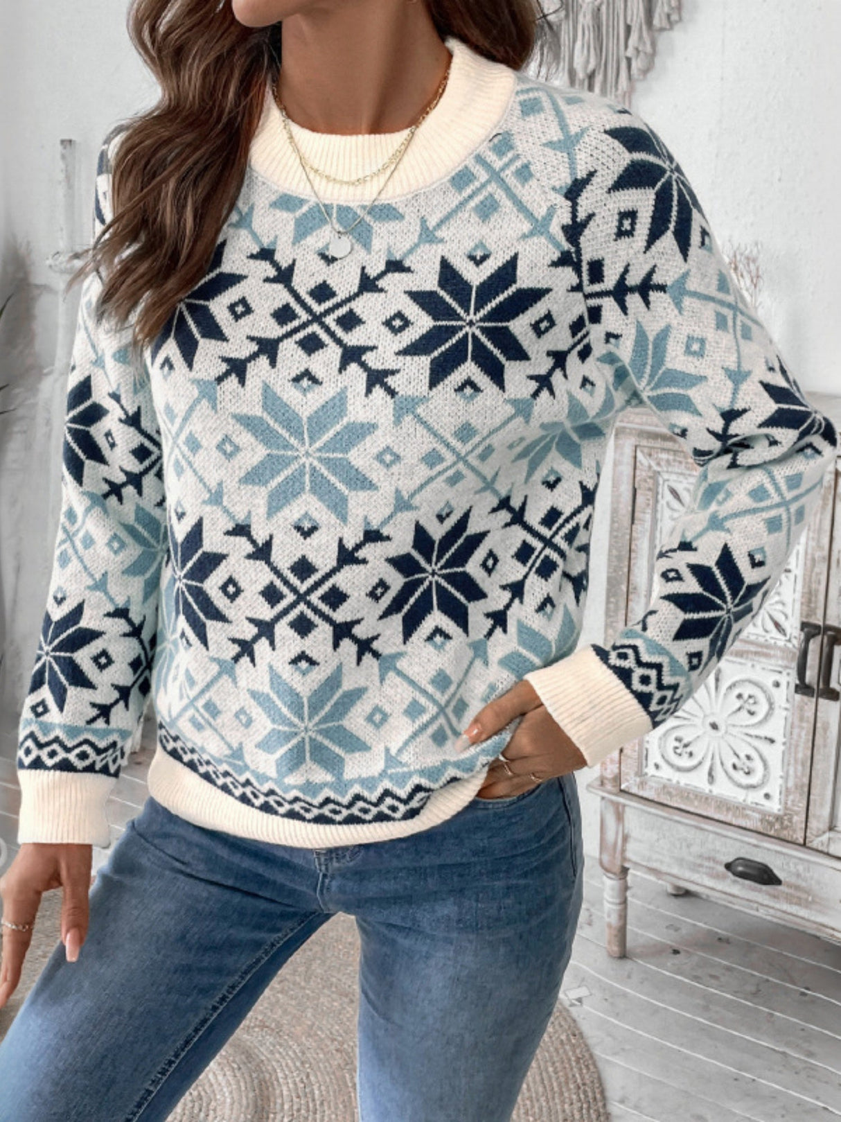 Christmas Snowflake Retro Round Neck Bottoming Top Sweater