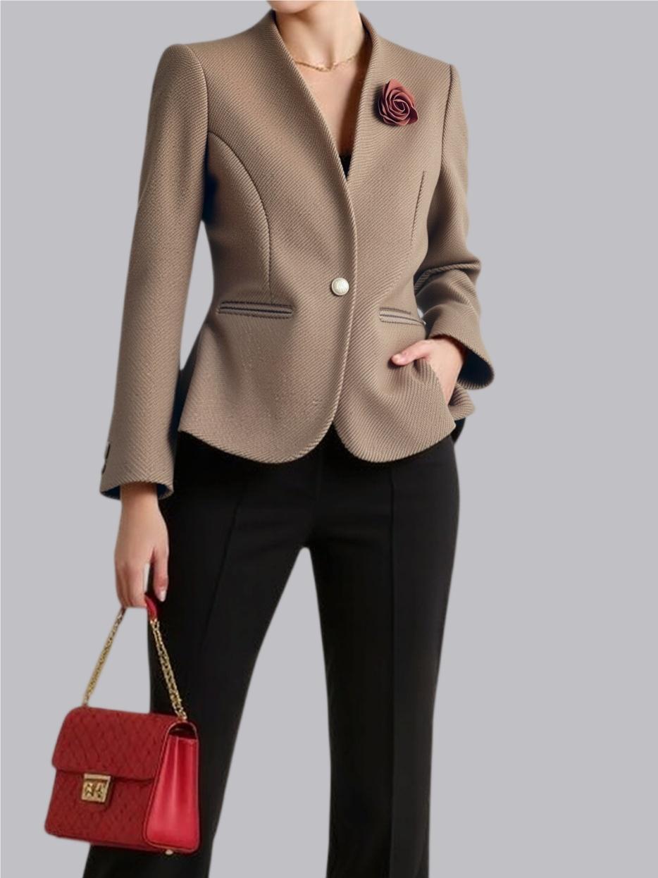 Tweed Fabric Notch Collar Flower Brooch Slim Fit Temperament Short Blazers