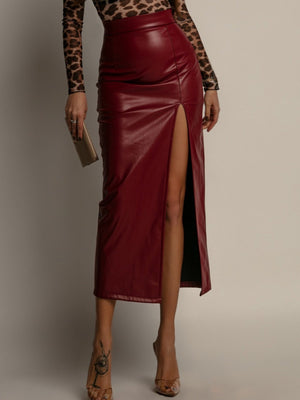 Leather Stitching High-waisted Side Slit Long Skirts