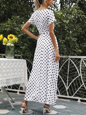Polka Dots Slit V-neck Short Sleeve Maxi Dresses