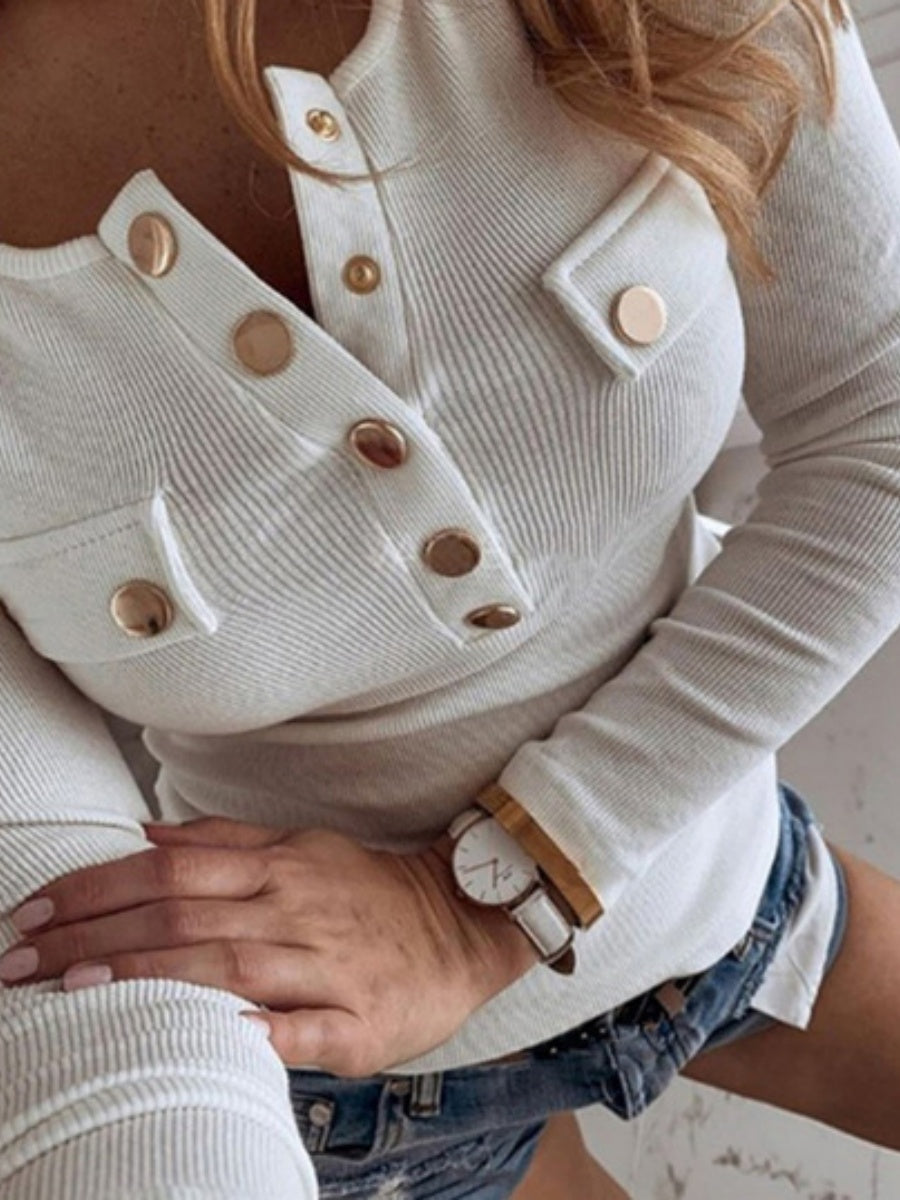 Langarm-Unterhemd mit Knopfverzierung, Strickwaren, T-Shirts