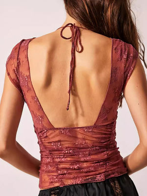 Lace Patchwork Perspective Neck Strap Deep V Tank Tops&Camis