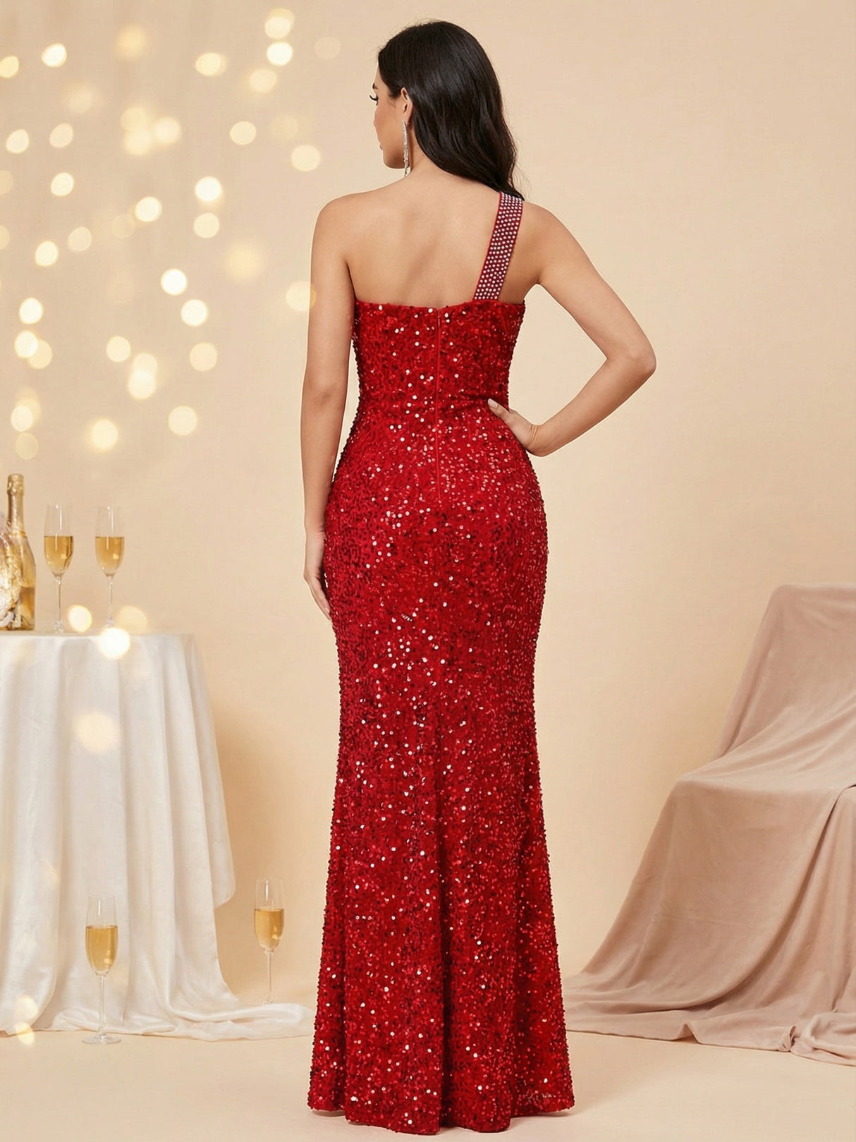 Abendkleid mit Strass- und Paillettenbesatz, hochgeschlitzt, einfarbig, Maxikleid