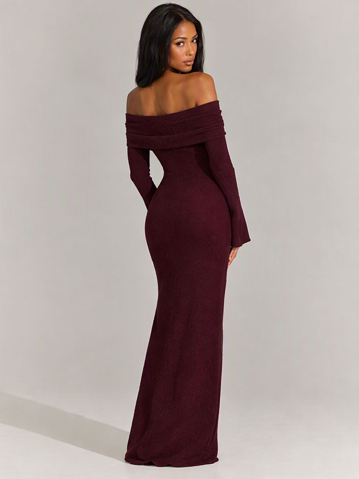 Long-sleeved Off-shoulder Pleated Knit Maxi Dress