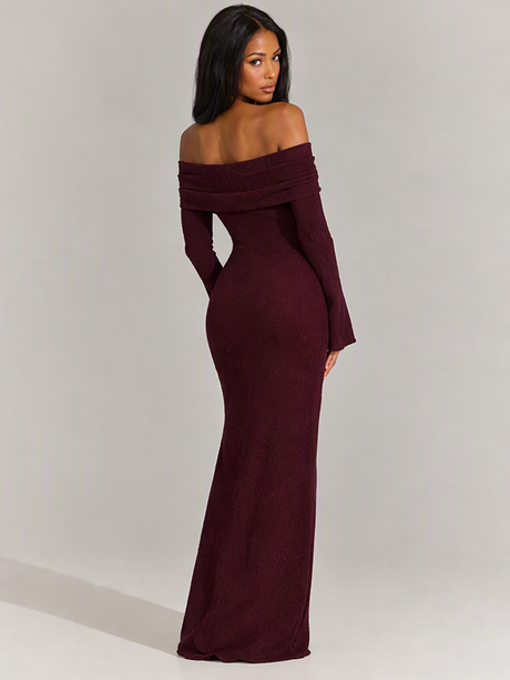 Long-sleeved Off-shoulder Pleated Knit Maxi Dress