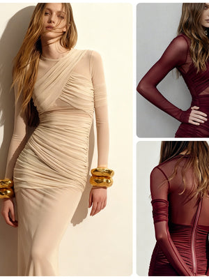 Pleated Slightly Transparent Splicing Hip-hugging Parties Maxi Dresses