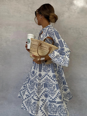 Floral Print Three-quarter Sleeves Shirt Dress