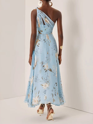 One Shoulder Grace Floral Print Chiffon Vacation Reunion Maxi Dresses