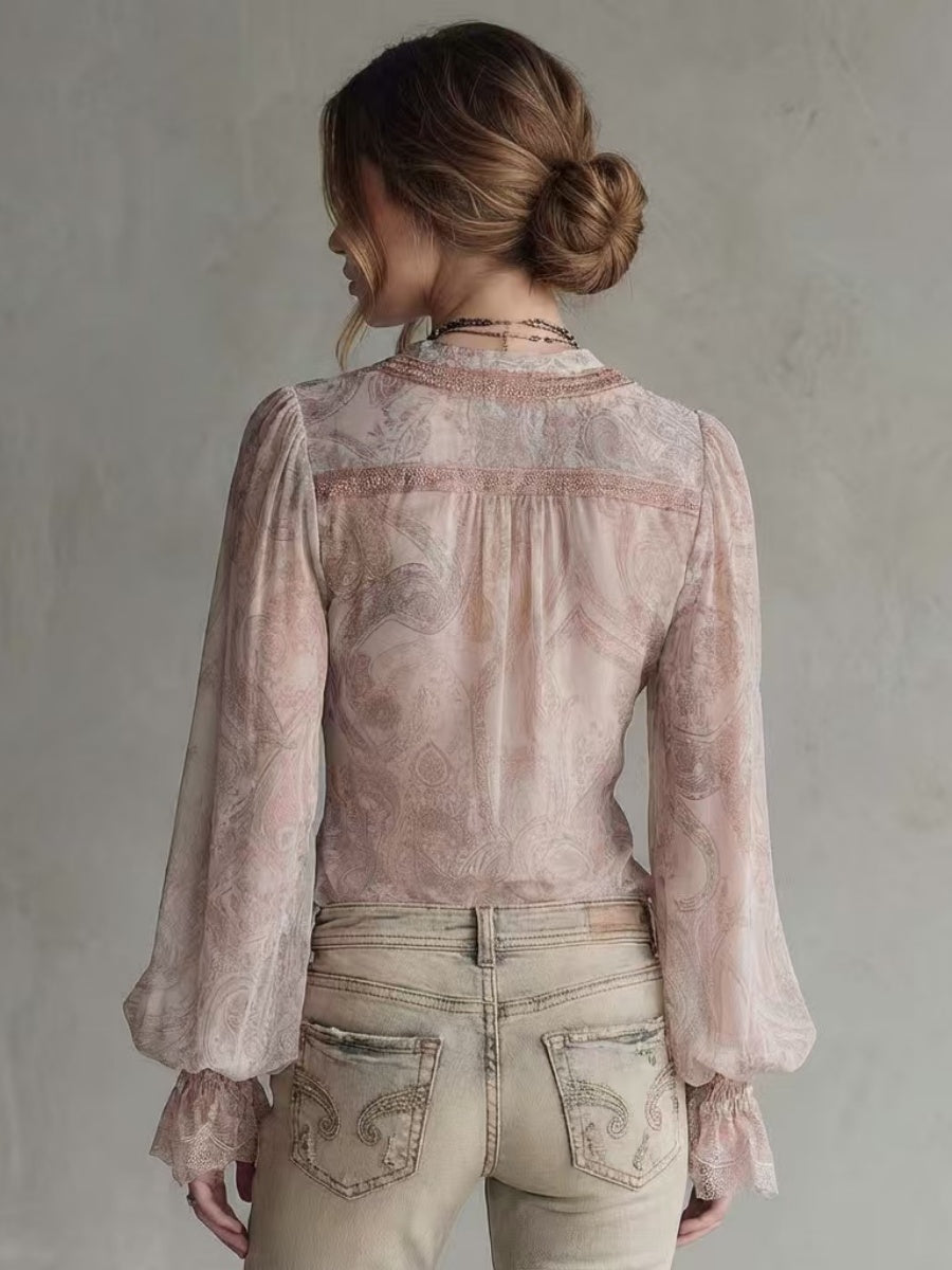 Faux Two-piece Knotted Lace Bell-sleeve Shirt